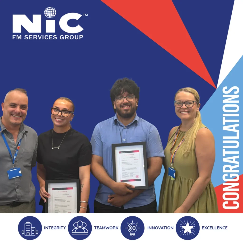 NIC FM Services Group team celebrating two colleagues completing their Digital Marketing Apprenticeships with Distinction