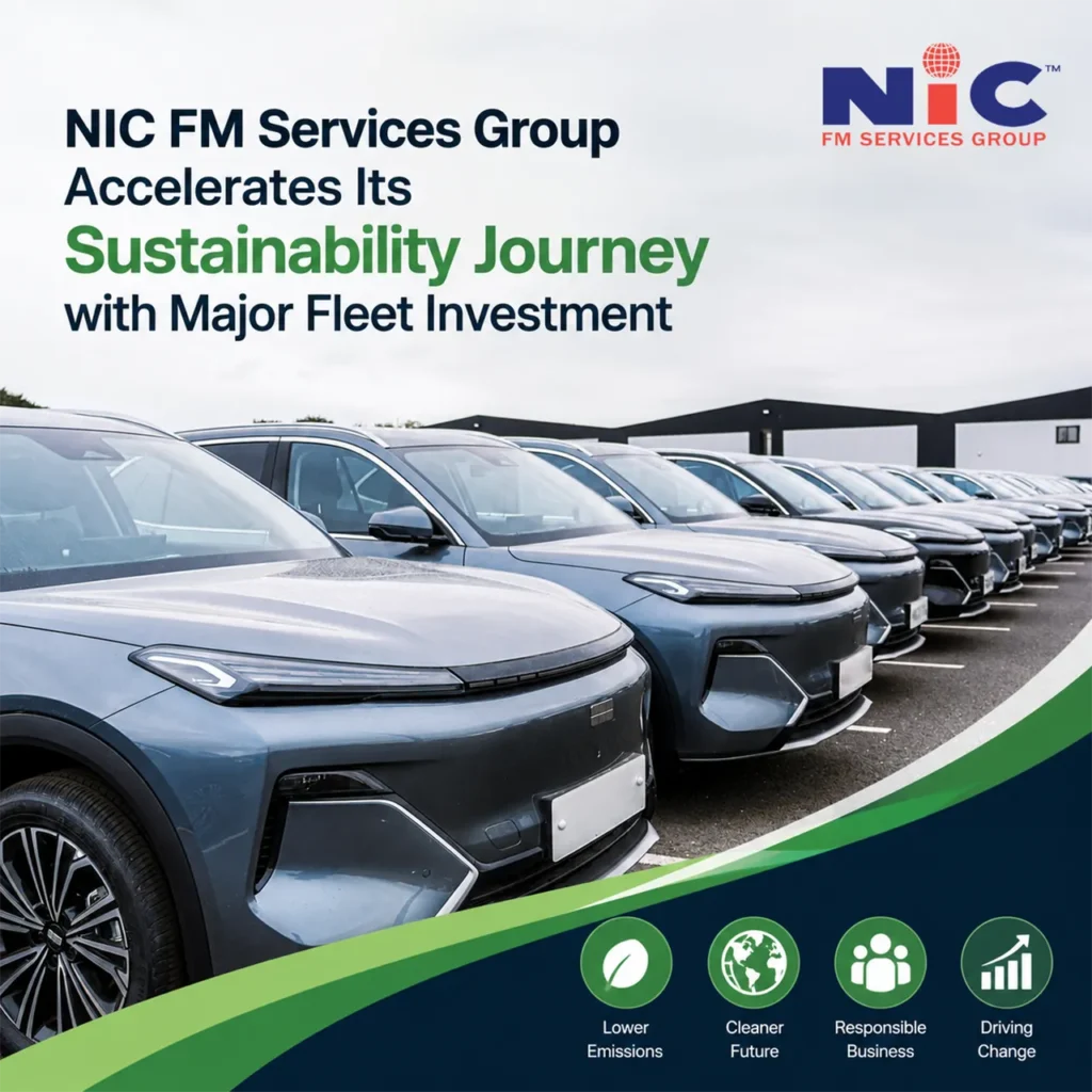 NIC FM Services Group's new fleet of Geely Starray EM-i hybrid vehicles lined up, promoting lower emissions, cleaner future, responsible business and driving change