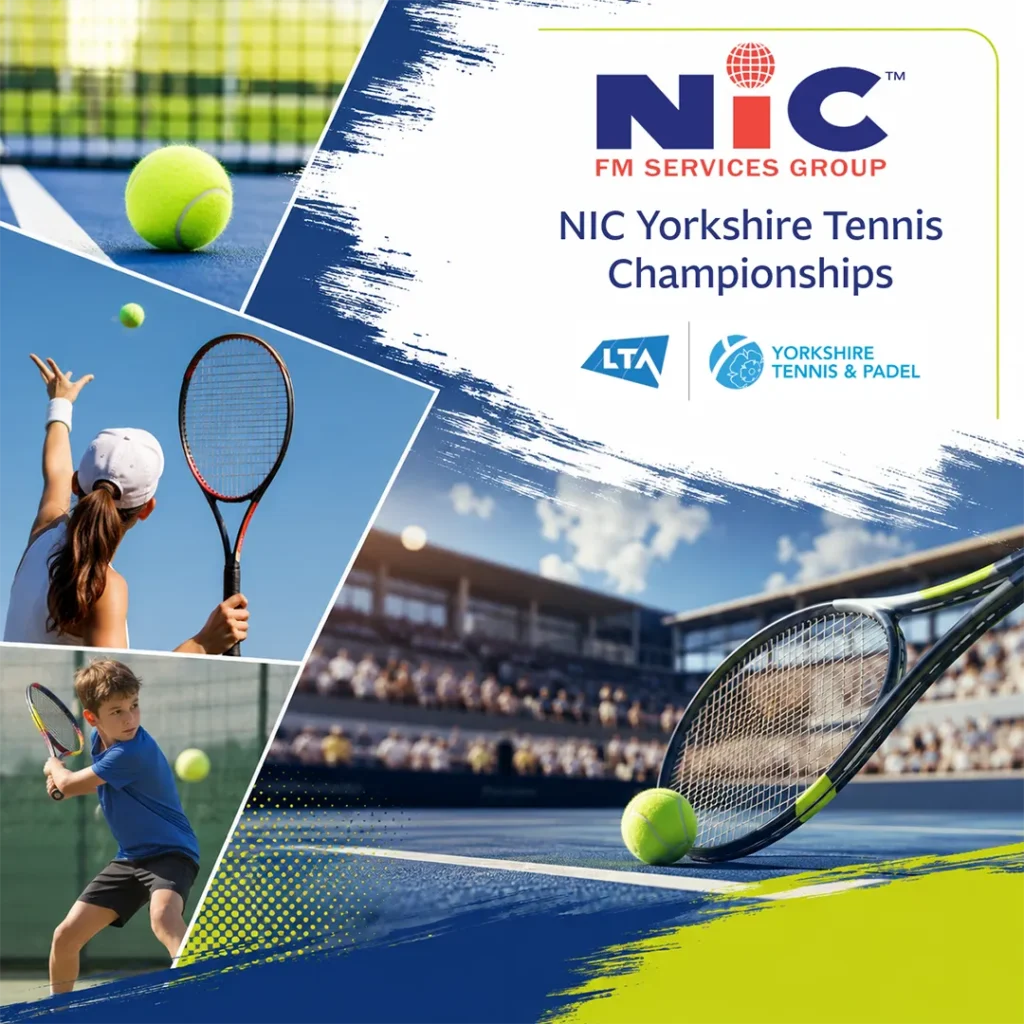 Collage promoting the NIC Yorkshire Tennis Championships featuring the NIC FM Services Group, LTA, and Yorkshire Tennis & Padel logos alongside images of junior and adult players and a tennis court.