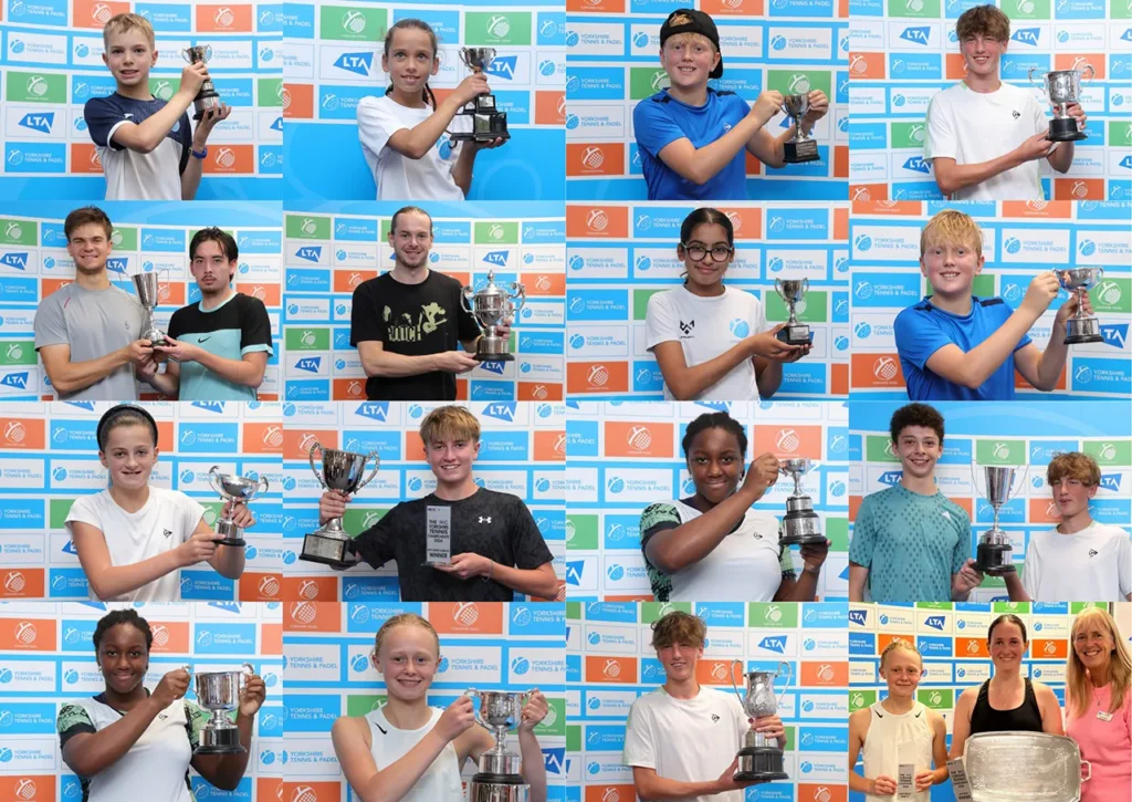 Grid of junior and adult tennis champions holding trophies at the NIC Yorkshire County Championships 2026, in front of a Yorkshire Tennis & Padel and LTA backdrop.